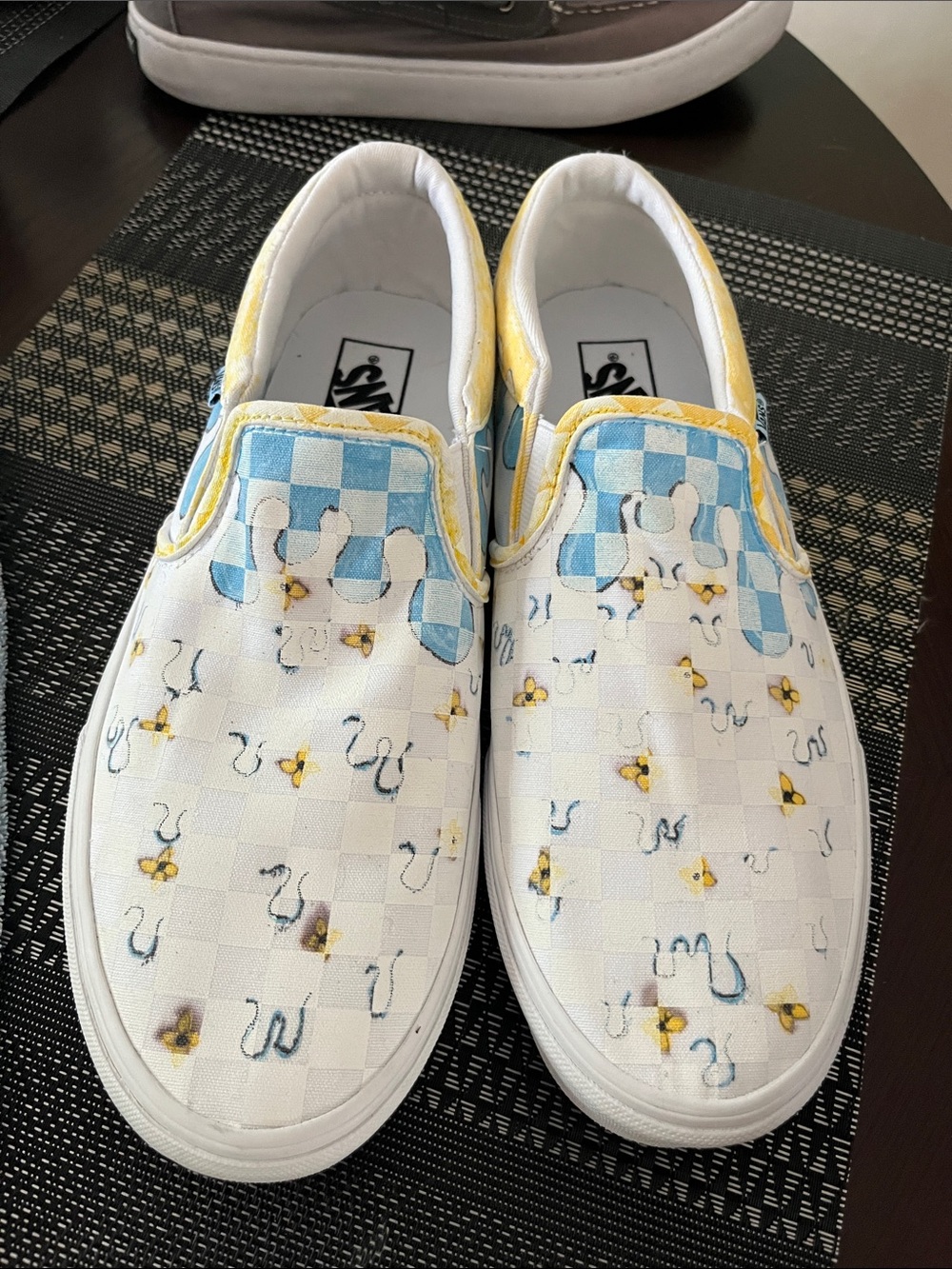 Vans White Slip-On Loafers with Blue Check and Yellow Accents custom see all pic